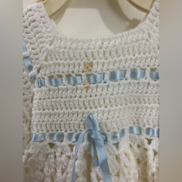 Handmade Crochet Vintage Baby Dress in Cream and Blue with vintage hanger - Picture 3 of 3